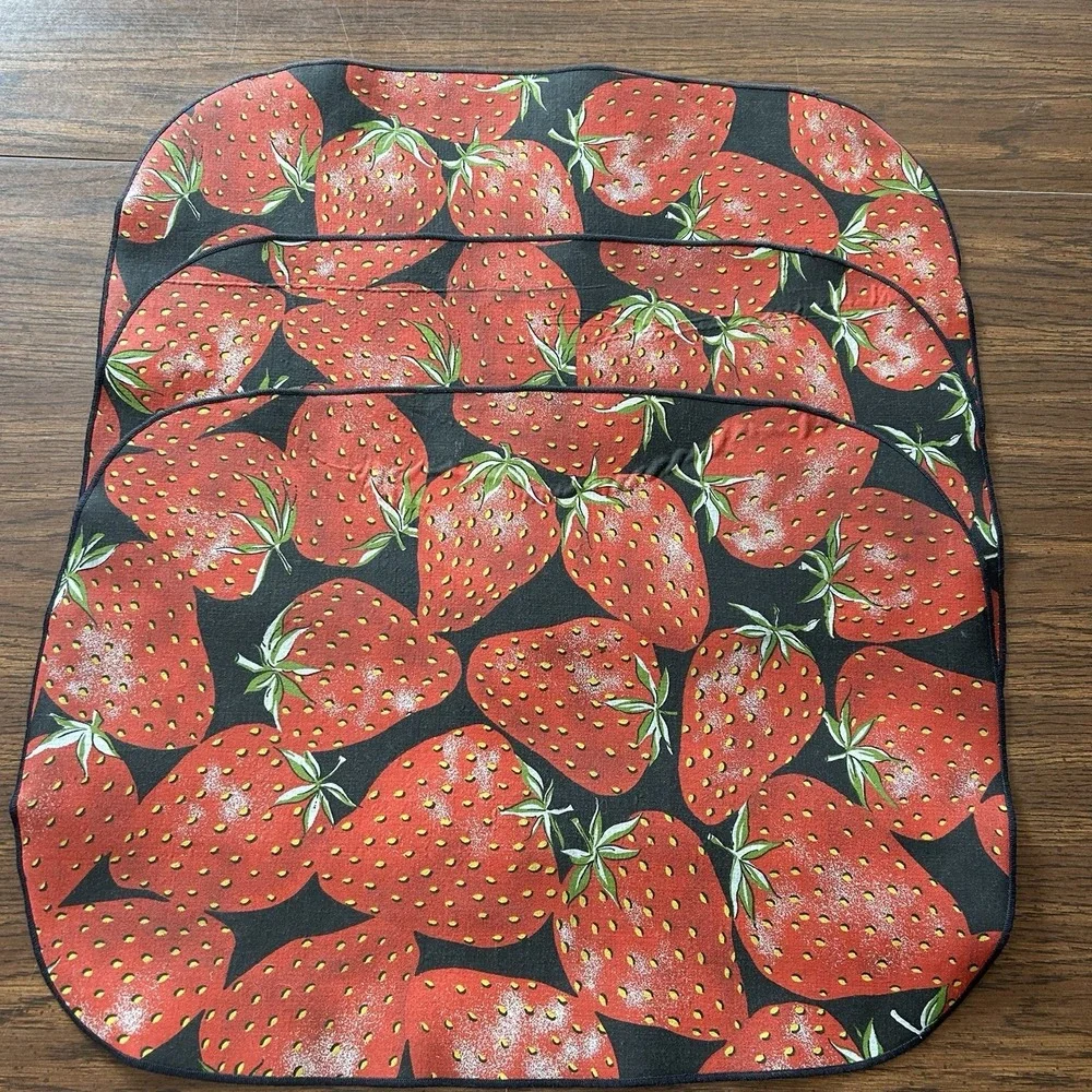Set Of 3 Vintage Style Strawberry Print Placemats Black Red Kitchen